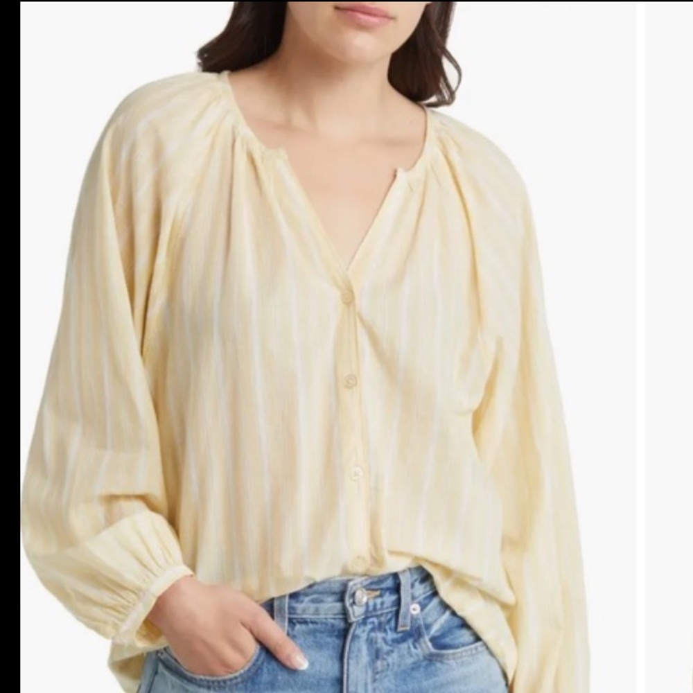 Treasure & Bond Stripe Split Neck Button-Up Top in Beige and Ivory Wander